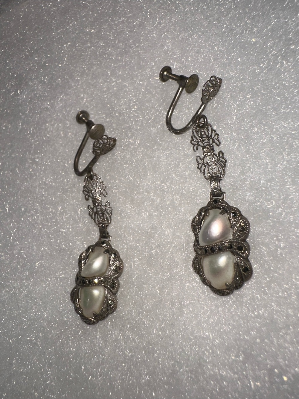 Vintage Handmade Sterling Silver Marcasite Blister Pearl Drop Earrings